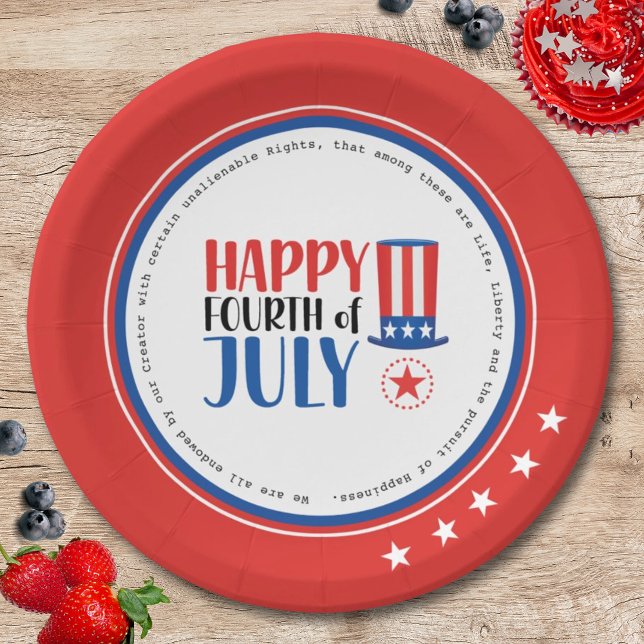 Uncle Sam Happy July 4 Red White Blue Simple Party Paper Plates (Creator Uploaded)