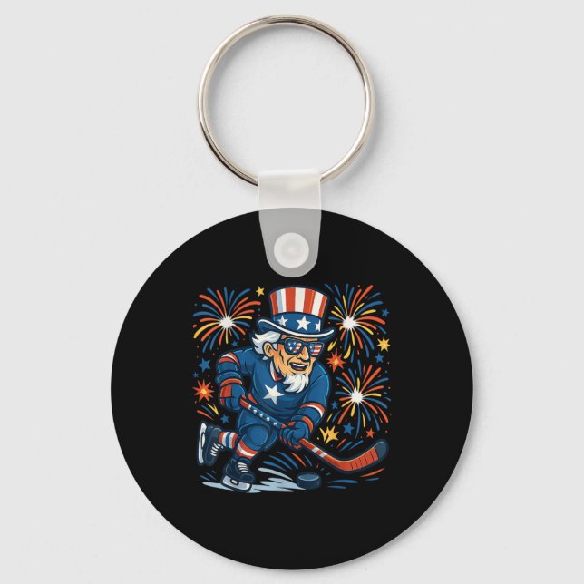 Uncle Sam Hockey Player 4th Of July Patriotic Men  Keychain (Front)
