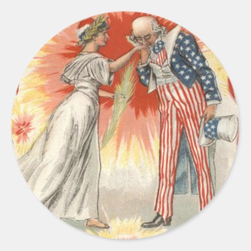 Uncle Sam Lady Liberty US Flag Fireworks Classic Round Sticker