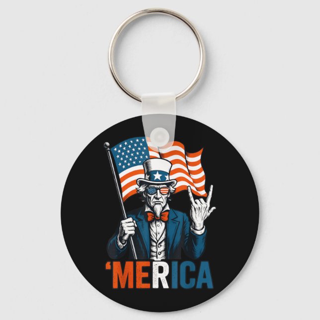 Uncle Sam Merica Rock Funny 4th of July American Keychain (Front)