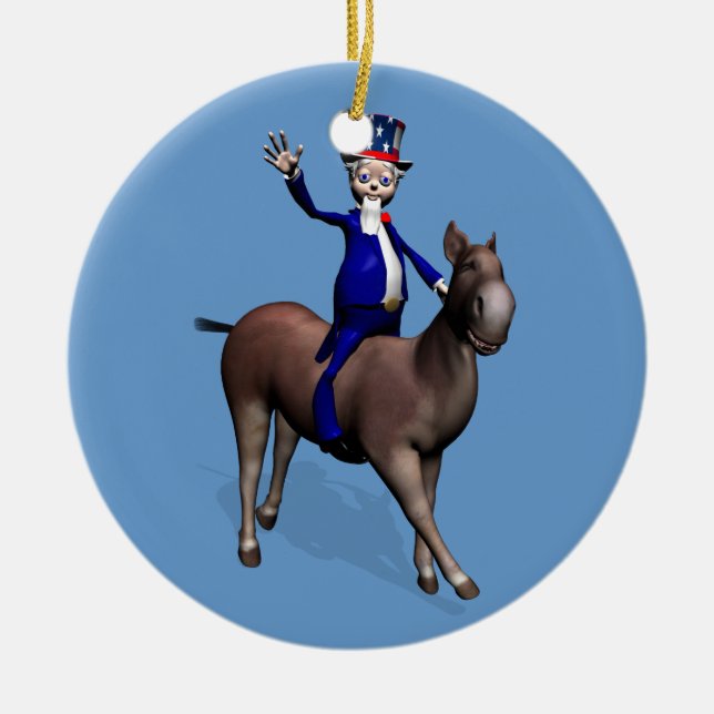 Uncle Sam Riding On Donkey Ceramic Ornament (Front)