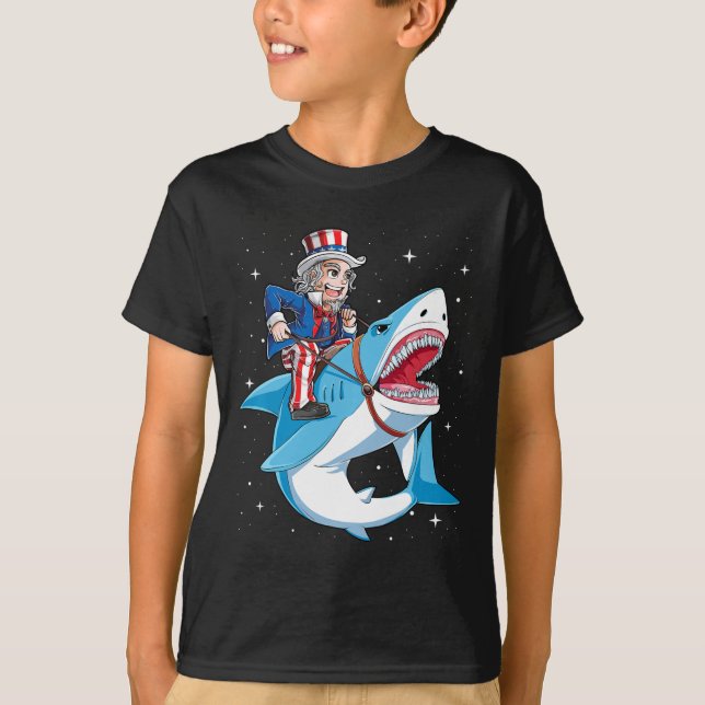 Uncle Sam Riding Shark T Shirt 4th Of July Kids Bo (Front)