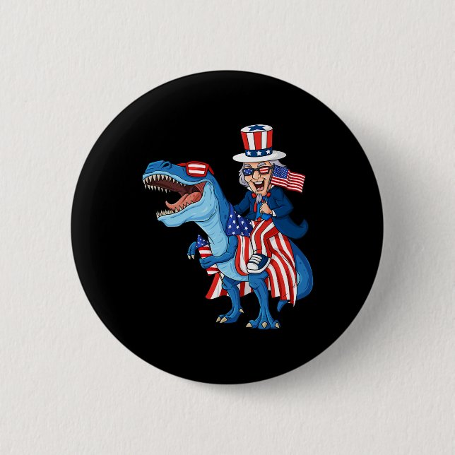 Uncle Sam Riding T Rex 4th Of July Boys Girls Kids Button (Front)