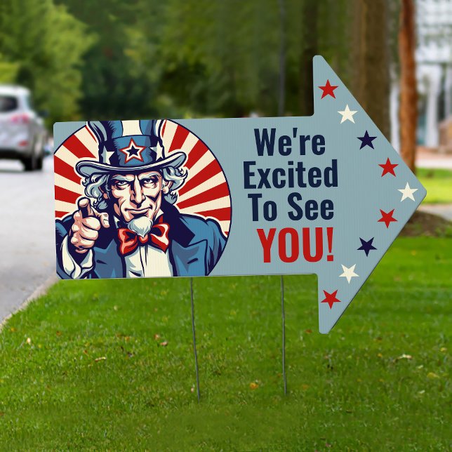 Uncle Sam US Military Going Away Party Lawn Sign   (Patriotic Vintage Uncle Sam stars & stripes US flag 4th of July Military going away party arrow sign)