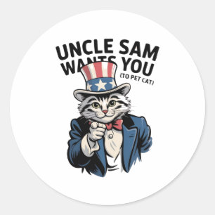Uncle Sam Wants You (to Pet Cat) – Patriotic Cat Classic Round Sticker
