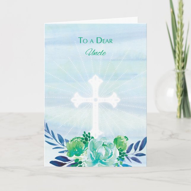 Uncle Teal Blue Flowers with Cross Easter Holiday Card (Front)