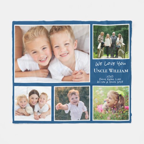 Uncle We Love You Photo Collage Blue Fleece Blanket