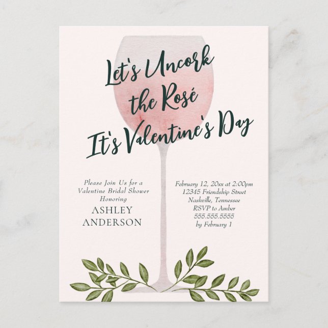 Uncork the Rosé Valentine Bridal Shower Invitation Postcard (Front)