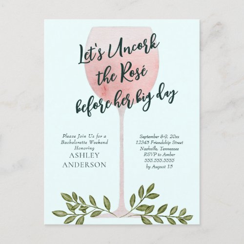 Uncork the Ros Wine Watercolor Bachelorette Party Postcard