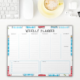 Undated Vertical Weekly Planner, Blue and Red Notepad