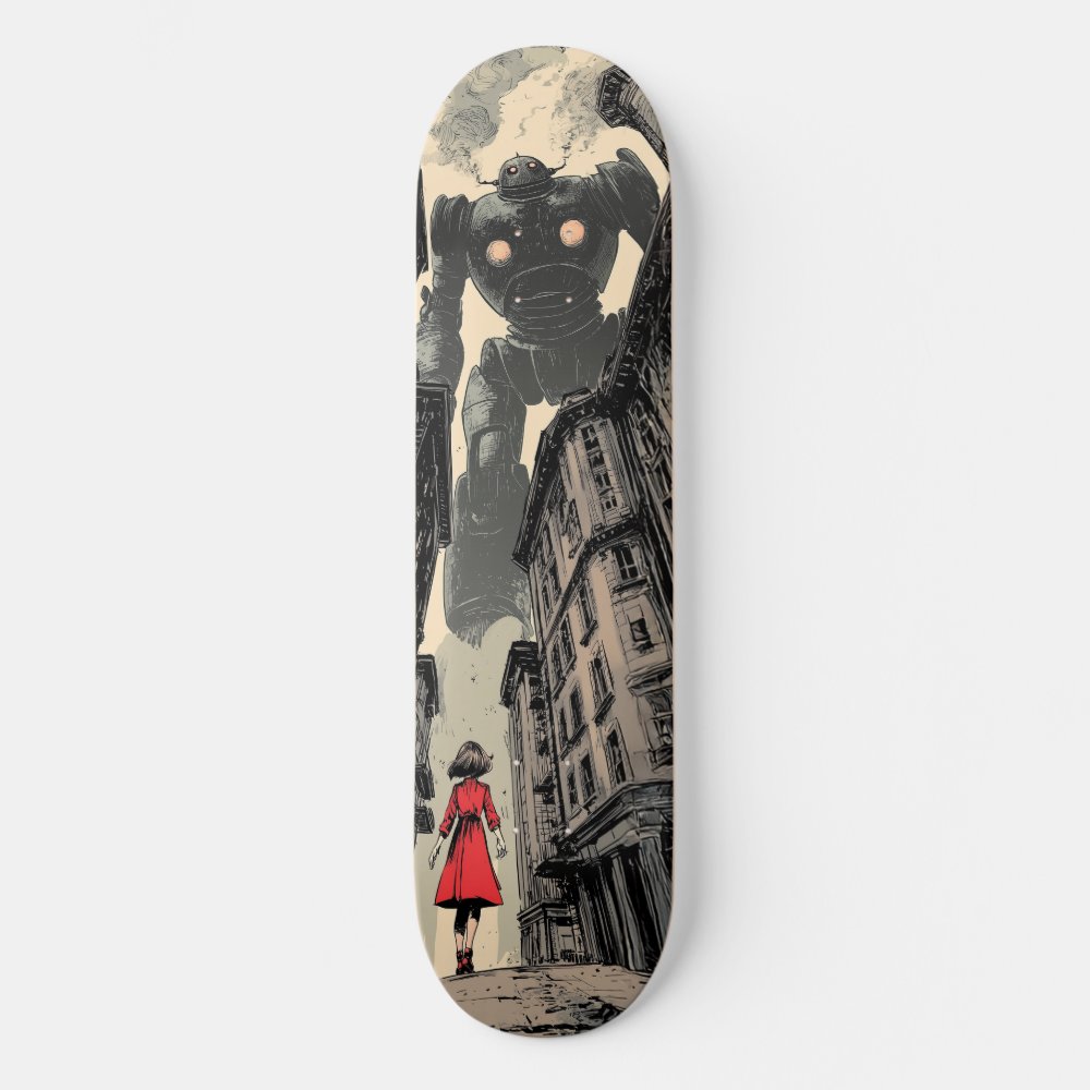 "Undaunted" comic book girl facing giant robot Skateboard