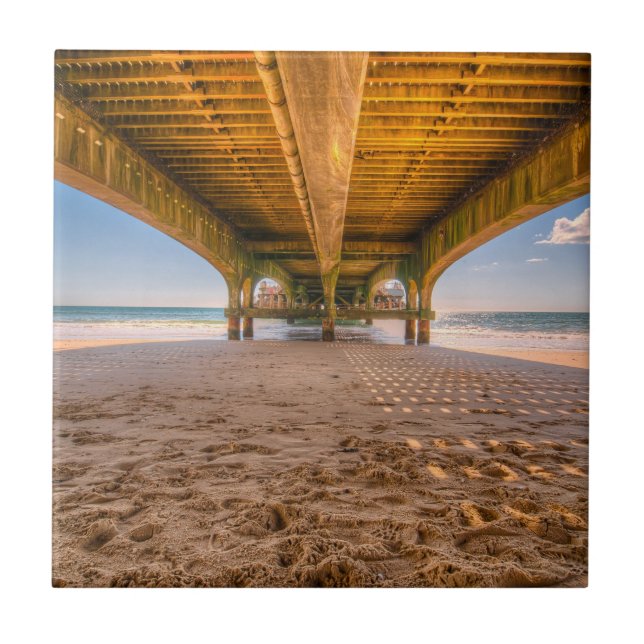Under a Pier, Beach, Sand, Footprints, Ocean, Sky Tile (Front)