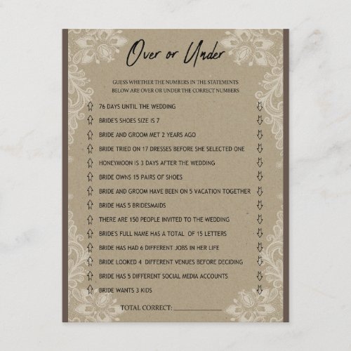 Under and Over Bridal Shower Game Enclosure Card