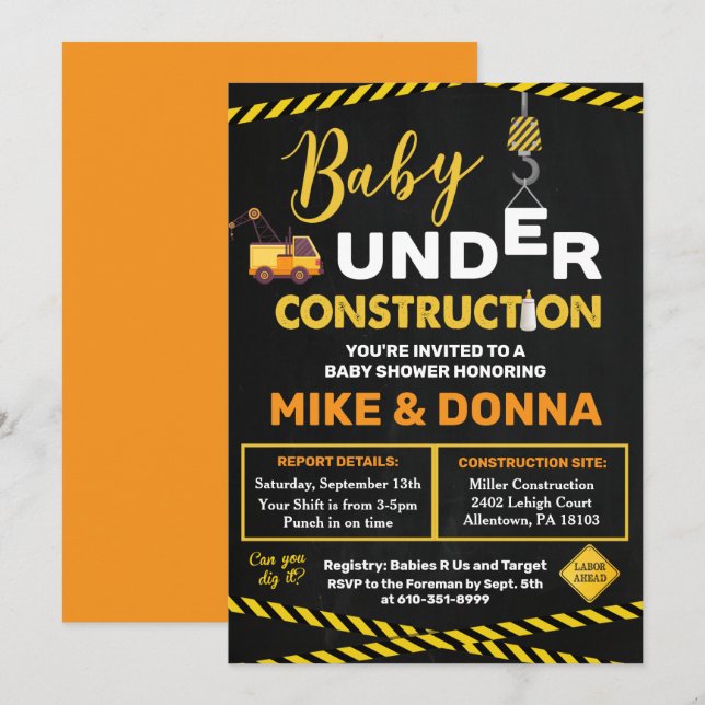 Under Construction Baby Shower Invitation (Front/Back)