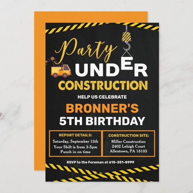 Under Construction Birthday Invitation (Front/Back)