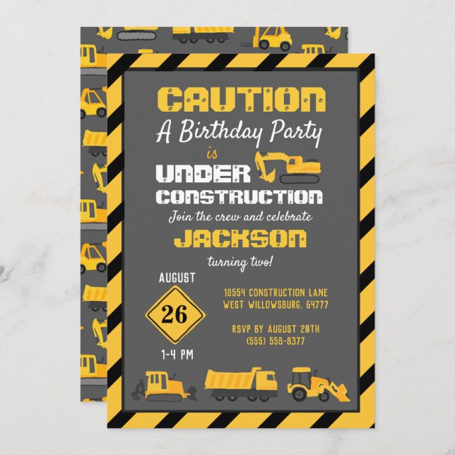 Under Construction Birthday Party Gray Invitation (Front/Back)