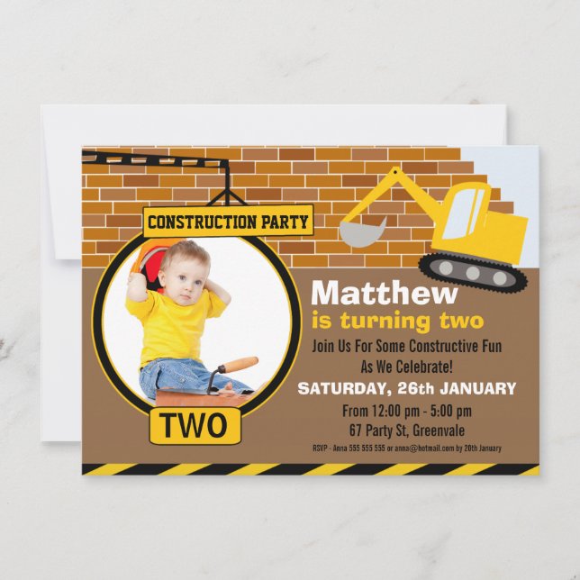 Under Construction Birthday Party Invitation (Front)