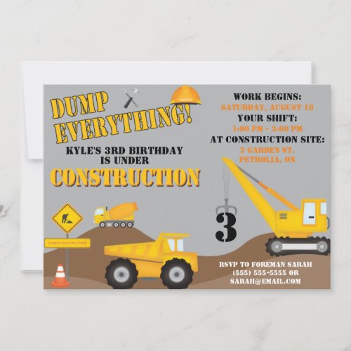 Under Construction Birthday Party invitation