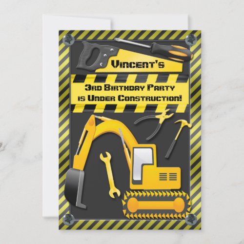 Under Construction Birthday Party Tools Diggers Invitation