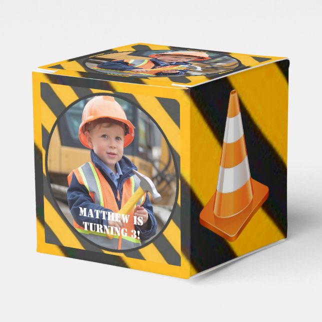 Under Construction Boy's Photo Birthday Bash Favor Boxes (Front Side)