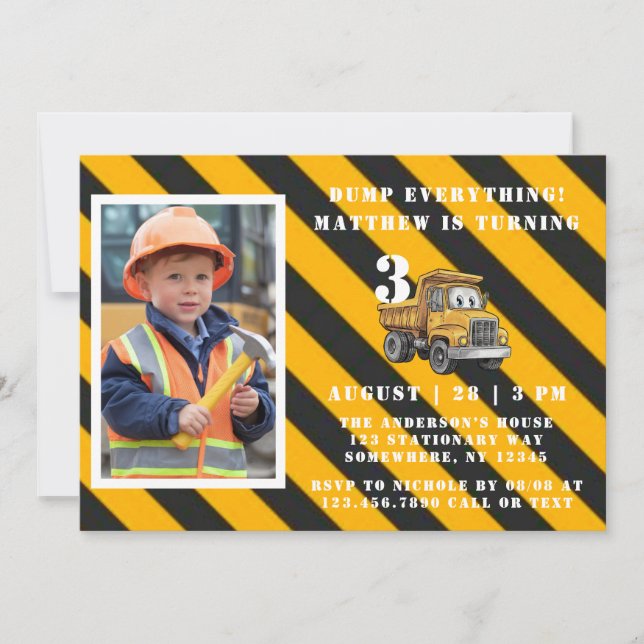 Under Construction Boy's Photo Birthday Bash Invitation (Front)