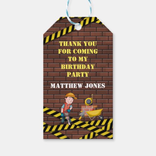 Under Construction Bricks Birthday Party Thank You Gift Tags