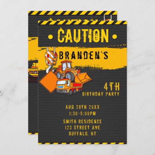 Under Construction Caution Trucks Birthday Party 2 Invitation