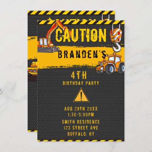 Under Construction Caution Trucks Birthday Party 3 Invitation