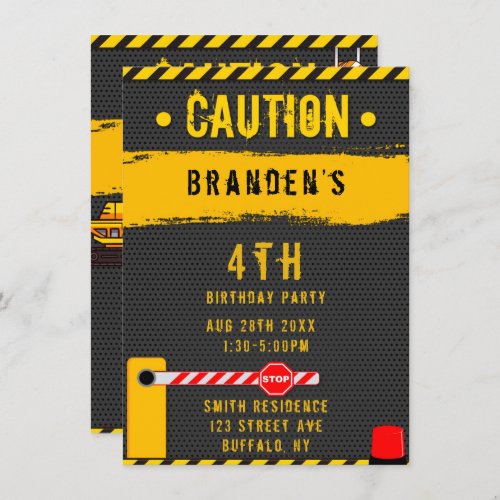 Under Construction Caution Trucks Birthday Party 4 Invitation