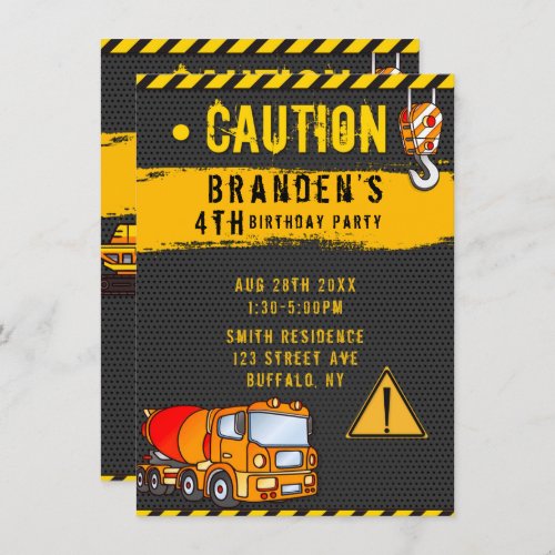 Under Construction Caution Trucks Birthday Party 5 Invitation