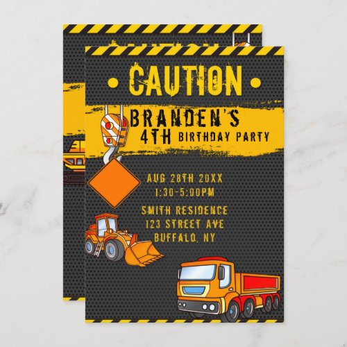 Under Construction Caution Trucks Birthday Party 6 Invitation