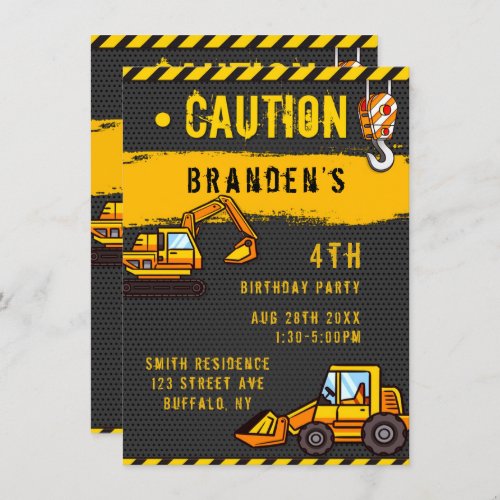 Under Construction Caution Trucks Birthday Party I Invitation