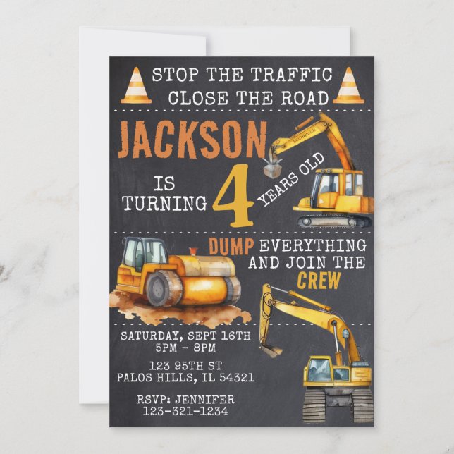  Under construction chalkboard birthday invitation (Front)