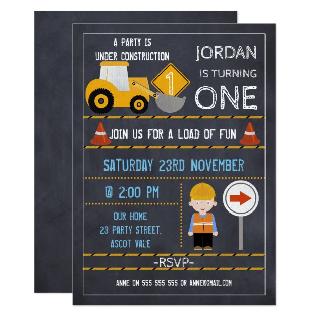 Under Construction Chalkboard Birthday Invitation