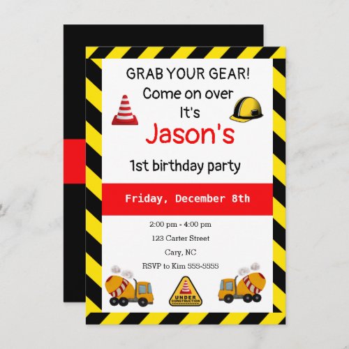 Under construction Concrete mixer Birthday Invitation