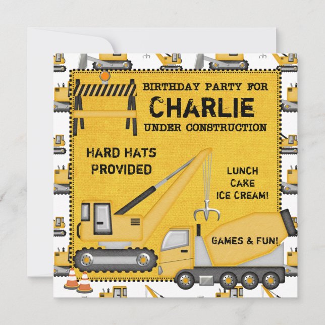 Under Construction Custom Birthday Invitations (Front)