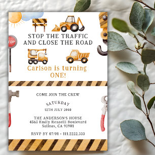 Under Construction Dump Truck 1st Birthday Party Invitation