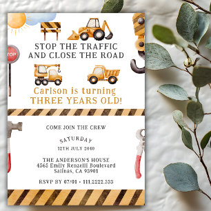 Under Construction Dump Truck 3rd Birthday Party Invitation