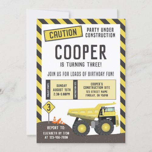 Under Construction Dump Truck Birthday Any Age Invitation
