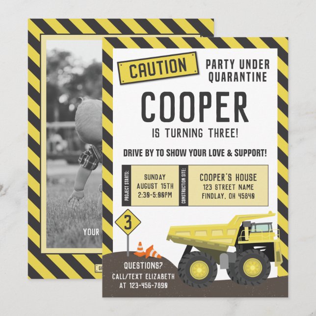 Under Construction Dump Truck Birthday Drive By Invitation (Front/Back)