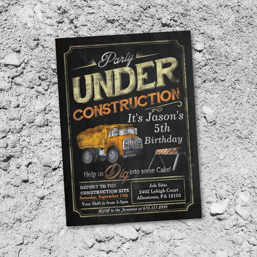 Under Construction Dump Truck Birthday Invitation