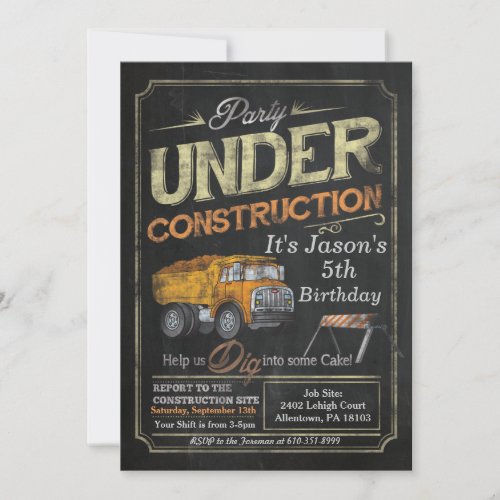 Under Construction Dump Truck Birthday Invitation