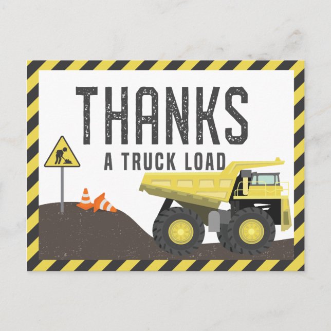 Under Construction Dump Truck Birthday Thank You Postcard (Front)