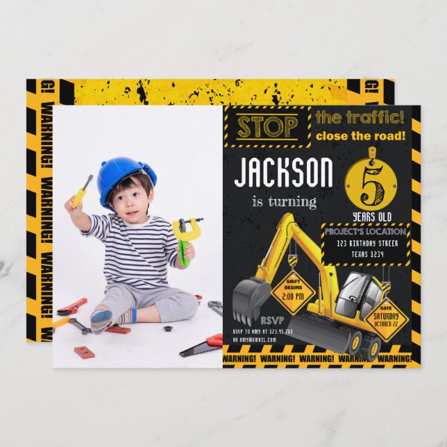 Under Construction Excavator Birthday Photo Invitation (Front/Back)