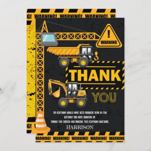 Under Construction Excavator Birthday Thank You Card