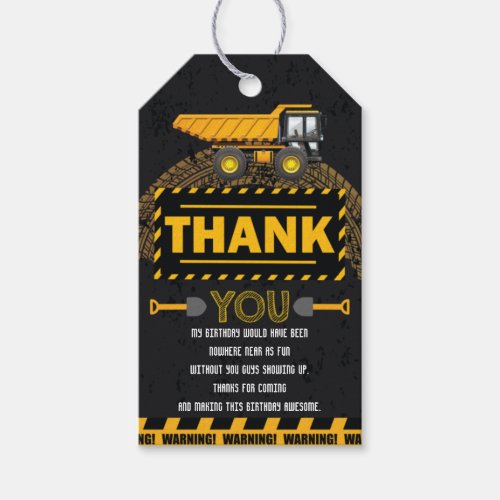 Under Construction Excavator Birthday Thank you Gift Tags