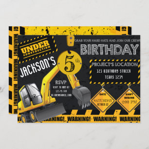 Under Construction Excavator Black Yellow Birthday Invitation