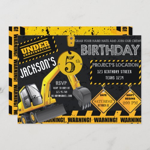 Under Construction Excavator Black Yellow Birthday Invitation