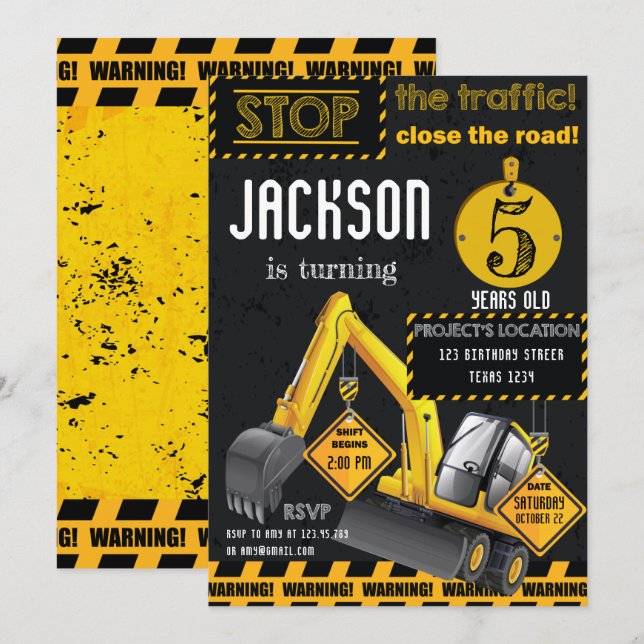 Under Construction Excavator Yellow Black Birthday Invitation (Front/Back)