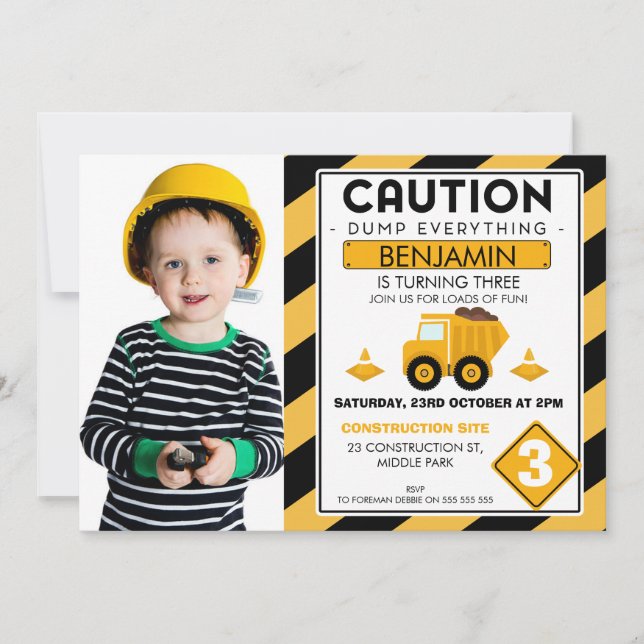 Under Construction Photo Birthday Invitation (Front)